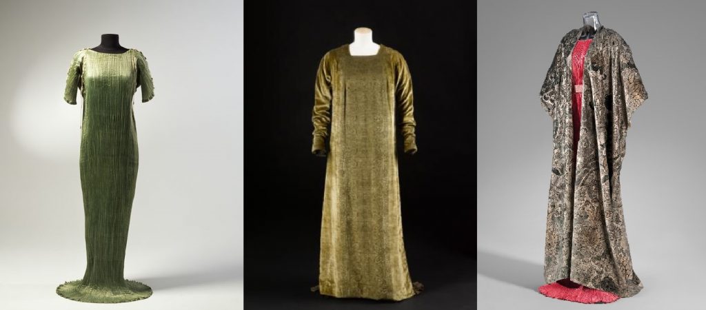 photographs of Mariano Fortunys designs: long green Delphos dress, velvet gold Eleonora gown modelled on Byzantine tunica; Coat over red dress