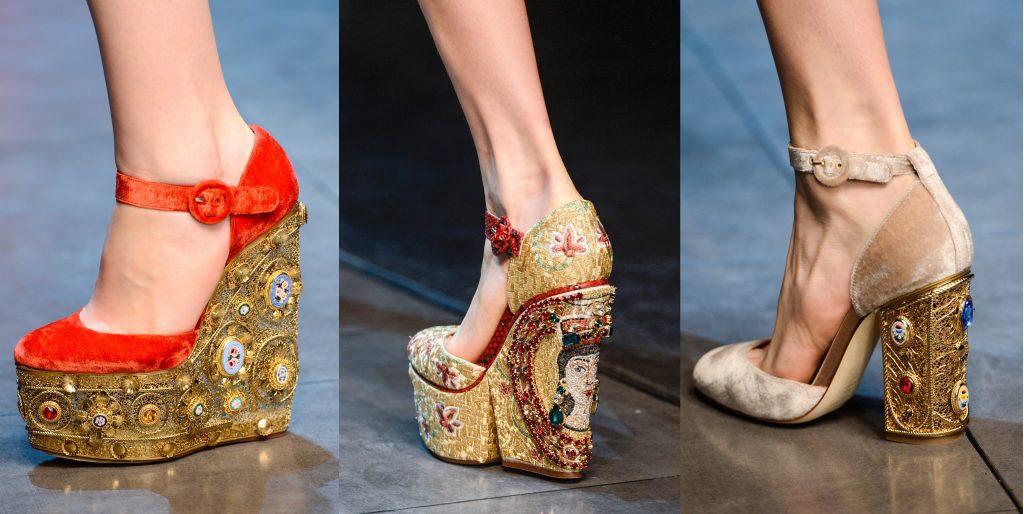 details from Dolce&Gabbana Byzantine inspired collection; left: red wedges with gold platforms decorated with cabochons and gems centre: gold wedges with mosaic decoration High heeld beige shooes with golden heel decorated with cabochons