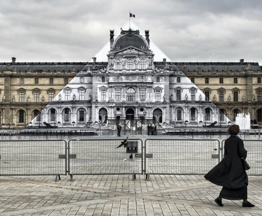 JR Louvre JR's photographic anamorphosis, Paris, Louvre Museum, 2016.