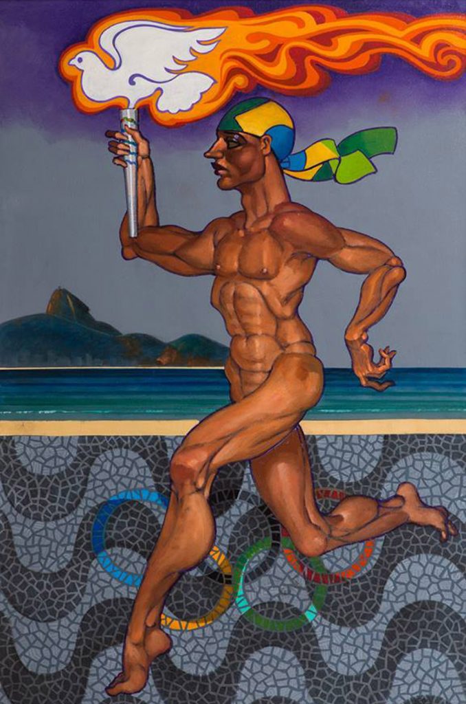Juarez Machado's Olimpíadas, Muscular runner on Copacabana Beach, Poster for the Rio de Janeiro 2016 Olympics. Olympic games