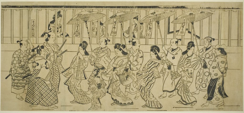 Japanese woodblock prints Hishikawa Moronobu, A Parade of Courtesans, c.1690, woodblock print, sumizuri-e, kakemono yoko-e, Art Institute of Chicago, Chicago, USA. 