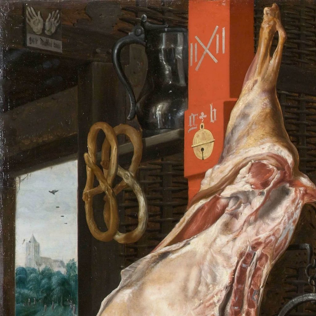 Pieter Aertsen, Meat Stall with the Holy Family Giving Alms, 1551, North Carolina Museum of Art, Raleigh, USA. Detail of Pretzels.