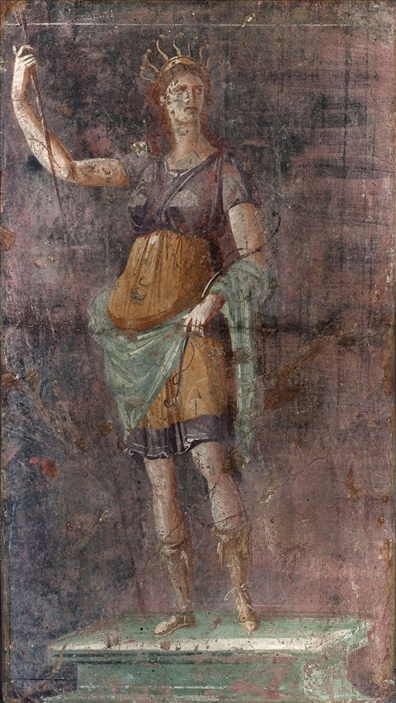 ancient sculptures colors. Statue of Artemis. Fresco from Pompeii, 1st century BCE, National Archaeological Museum, Naples, Italy. 
