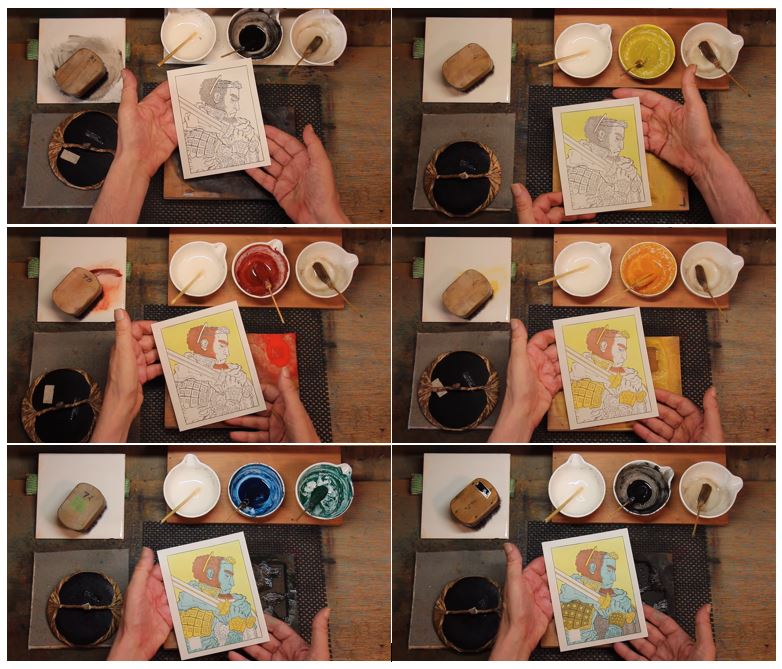 Japanese woodblock prints Stills from Woodblock Printing Process ... in 3-D spatial audio, David Bull/Youtube. 