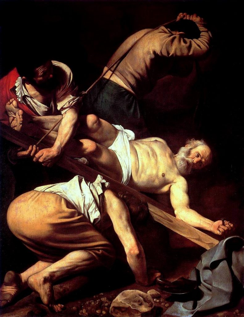art history painting -The Crucifixion of Saint Peter, Caravaggio, 1601, Santa Maria del Popolo, Rome, Italy