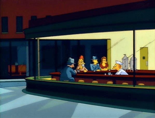 Art reference to Edward Hopper's Nighthawks in The Simpsons, S02E17. 