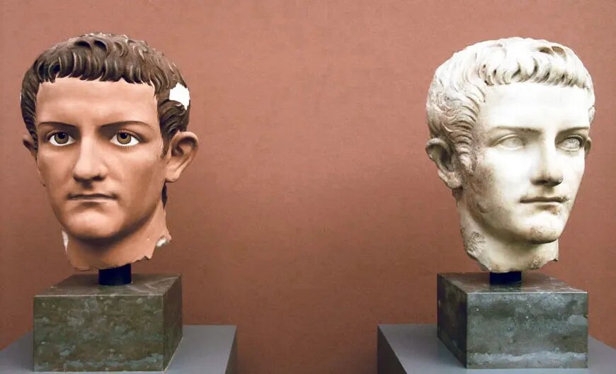 ancient sculptures colors. Colorized replica of Head of Caligula, Roman emperor, Head of Caligula, Roman emperor, 26-87 BC, Ny Carlsberg Glyptotek, Copenhagen, Denmark