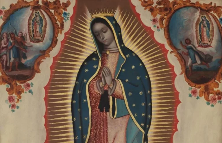 Virgin of Guadalupe: Sebastián Zalcedo, Virgin of Guadalupe, c. 1780, Museo Colección Blaisten, Mexico City, Mexico. Detail.
