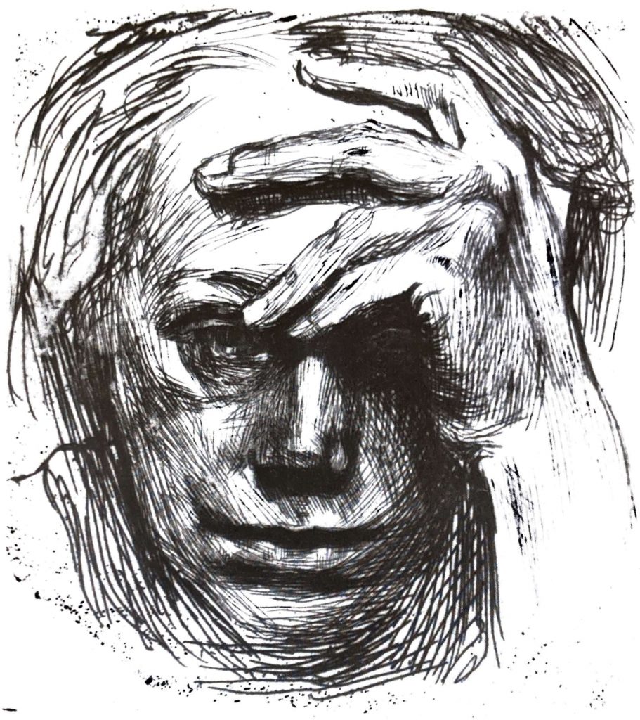 käthe kollwitz art, Self-portrait with the hand to forehead, 1910