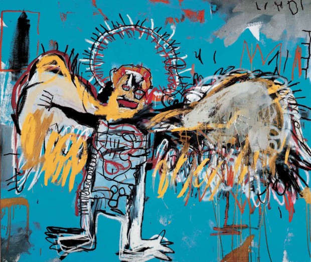 Basquiat Paintings: Basquiat in 5 Paintings: Jean-Michel Basquiat, Untitled (Fallen Angel), 1981, acrylic and oil stick on canvas, private collection. Phillips.
