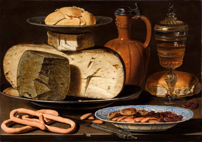 dutch still life: Clara Peeters, Still Life with Cheeses, Almonds and Pretzels, c. 1615, Mauritshuis, The Hague, Netherlands.
