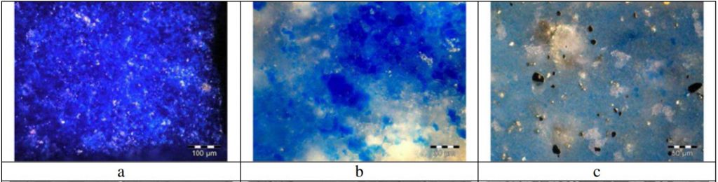 Optical microscopy images of the Afghan (a), Siberian (b), and Chilean (c) lapis lazuli