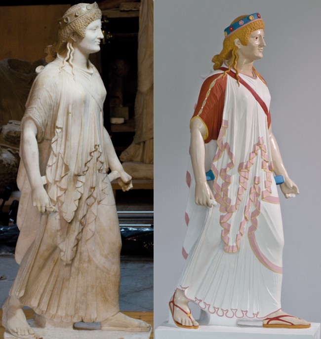 ancient sculptures colors. Artemis from Pompeii, 1st century BCE to 1st century CE, National Archaeological Museum, Naples, Italy. Ulrike Koch-Brinkmann, Bertram Schüler, Colorized replica of Artemis from Pompeii, Polychromy Research Project