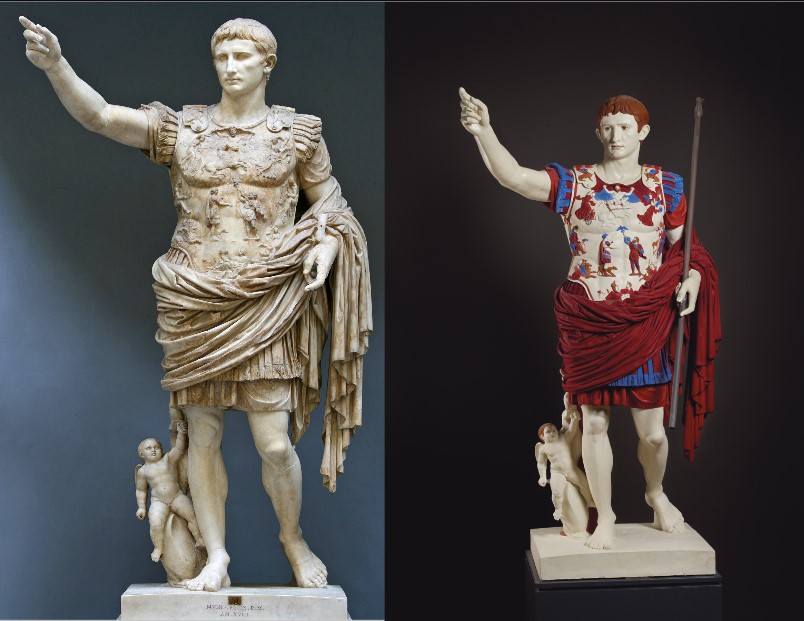ancient sculptures colors. Augustus of Prima Porta, 1st century CE, Vatican Museums. Colorized replica of Augustus of Prima Porta, 2004, Ashmolean Museum of Art and Archaeology, Oxford, UK.