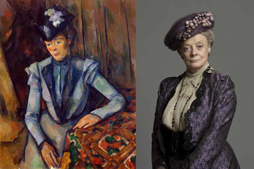 Doppelgängers in Art: Left: Paul Cézanne, Lady In Blue, c. 1900, Hermitage Museum, Saint Petersburg, Russia; Right: Actor Maggie Smith. 