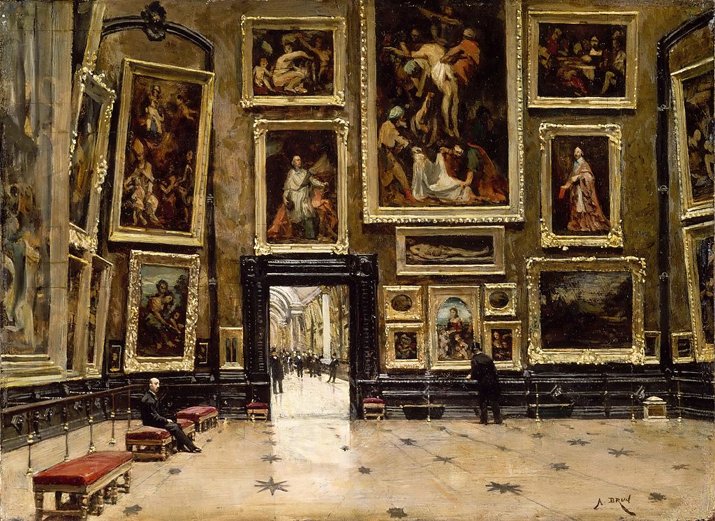 Paintings in paintings. Alexandre Jean-Baptiste Brun, View of the Salon Carré at the Louvre, ca. 1880, Musée de Louvre, Paris, France.