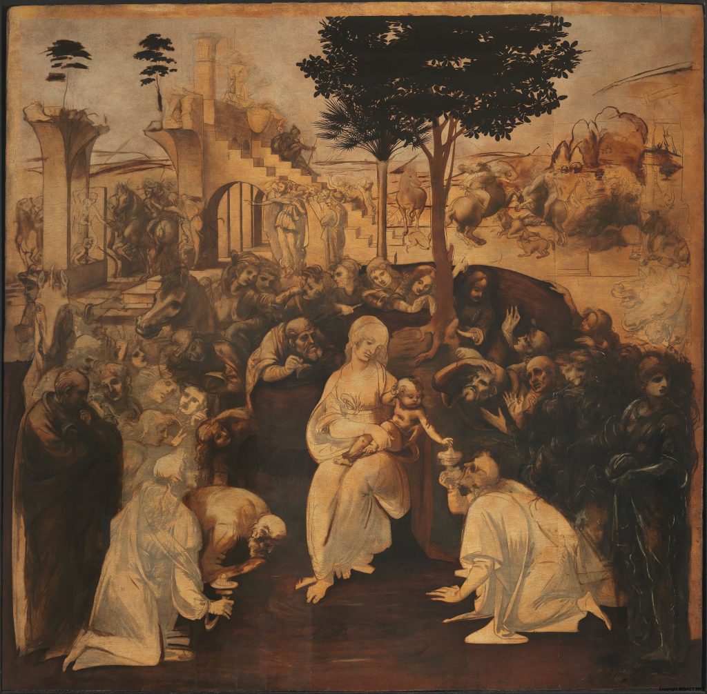 da vinci unfinished works: Leonardo da Vinci, Adoration of the Magi, ca. 1482, Uffizi Gallery, Florence, Italy. 