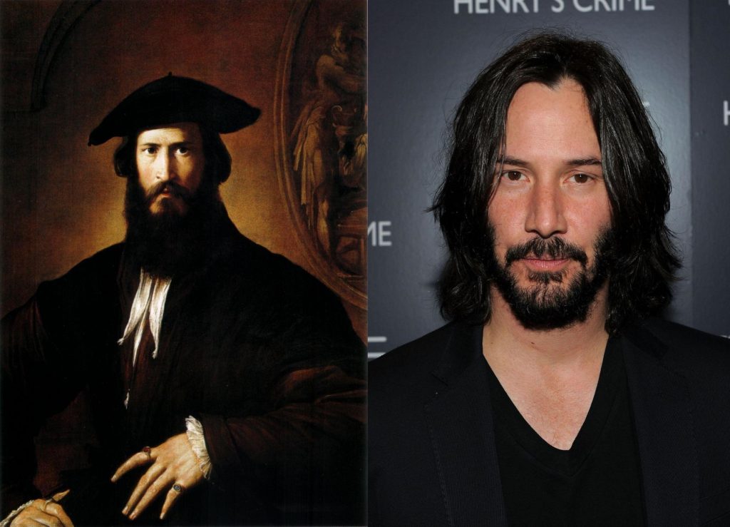 Doppelgängers in Art; Left: Parmigianino, Portrait of a Man, 1520s-1530s, Uffizi Gallery, Florence, Italy; Right: Actor Keanu Reeves. 