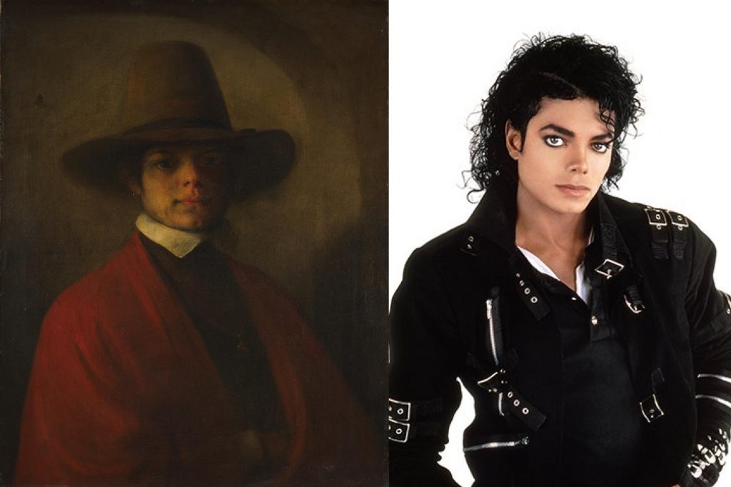 Doppelgängers in Art:Left: Barent Fabritius, Self-Portrait, 1650, Städel Museum, Frankfurt, Germany. Strädel Museum; Right: Singer Michael Jackson. Michael Jackson Official Site.