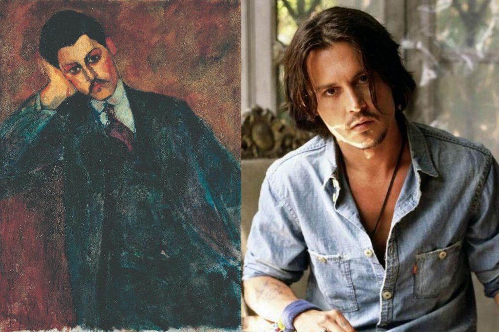 Doppelgängers in Art; Left: Amedeo Modigliani, Portrait of Jean Alexandre, 1909; Right: Actor Johnny Depp.
