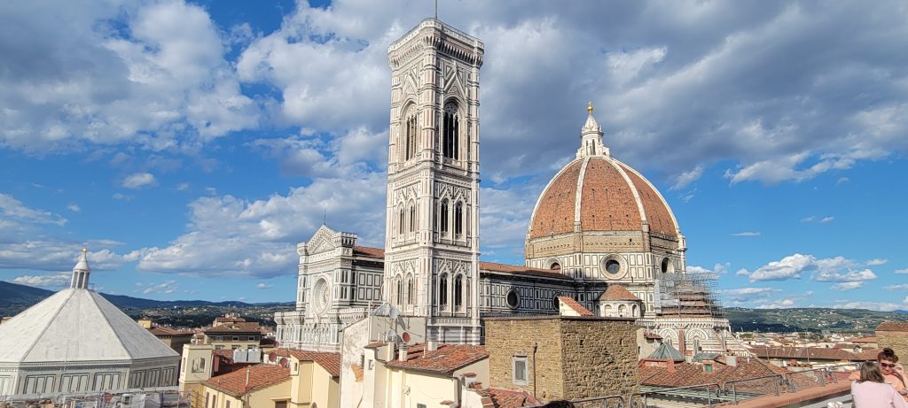 duomo florence: Rooftop view of the Duomo, Campanile, and Baptistery in 2021. 