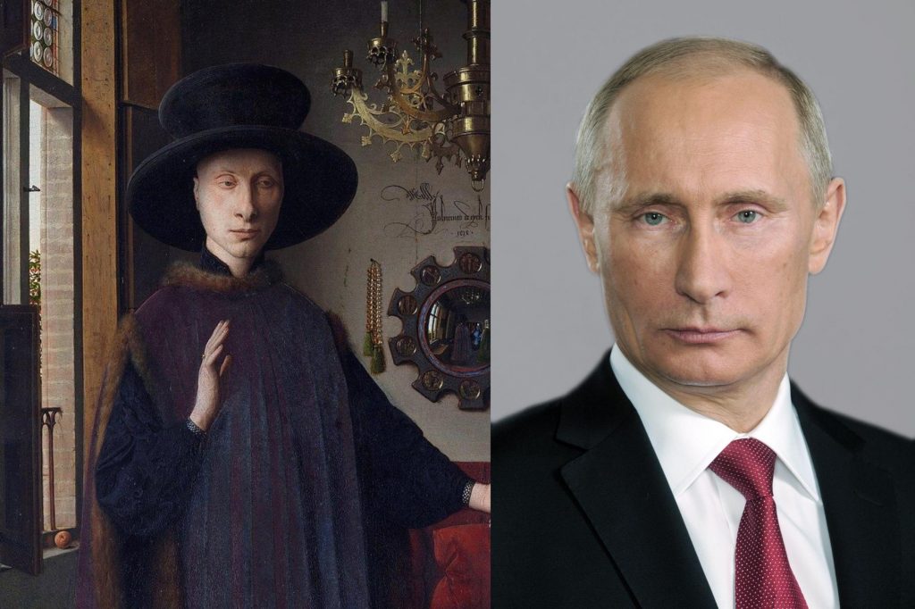 Doppelgängers in Art; Left: Jan van Eyck, The Arnolfini Portrait (detail), 1434, National Gallery, London, United Kingdom; Right: President Vladimir Putin.
