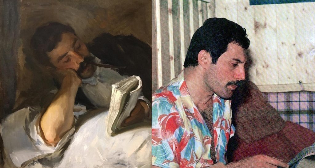 Doppelgängers in Art; Left: John Singer Sargent, Man Reading (Nicola d’Inverno), 1904-1908, Reading Public Museum, Reading, PA, USA; Right: Singer Freddie Mercury. 