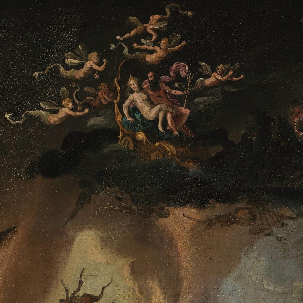 Jacob Isaacsz van Swanenburgh, Aeneas Taken by the Sibyl to the Underworld, 17th century, Musées royaux des Beaux-Arts de Belgique, Brussels, Belgium. Detail of Hades and Persephone.