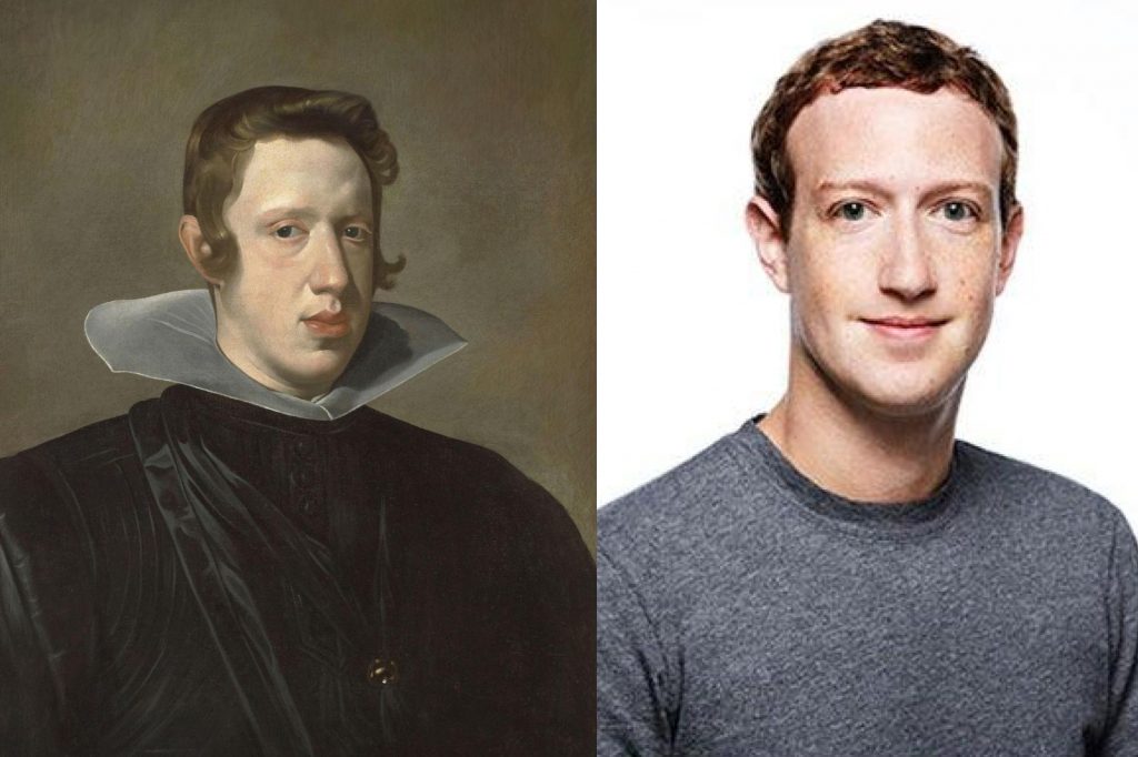 Doppelgängers in Art: Left: Diego Velázquez, Portrait of Philip IV, 1623, Meadows Museum, Dallas, TX, USA; Right: Internet entrepreneur Mark Zuckerberg. 