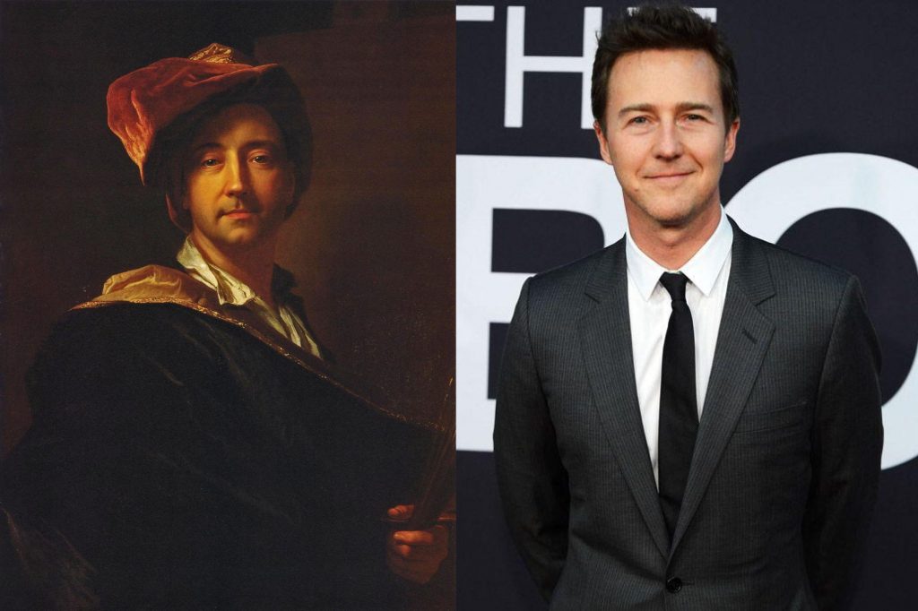 Doppelgängers in Art: Left: Hyacinthe Rigaud, Self Portrait in a Turban, 1698, Musée Hyacinthe-Rigaud, Perpignan, France; Right: Actor Edward Norton. 