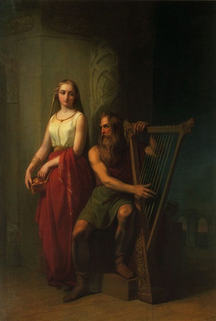 Nils Blommer, Bragi Sitting and Playing the Harp, Iðunn Standing Behind him, 1846, Malmö Art Museum, Malmö, Sweden. Norse Mythology in art 