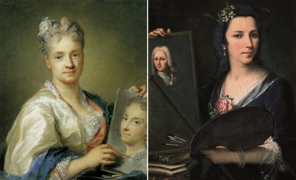 Paintings in paintings. Left: Rosalba Carriera, Self-portrait holding a portrait of her sister, 1709, Uffizi Gallery, Florence, Italy. Right: Violante Siries Cerroti, Self-portrait, 1740-60, Uffizi Gallery, Florence, Italy.
