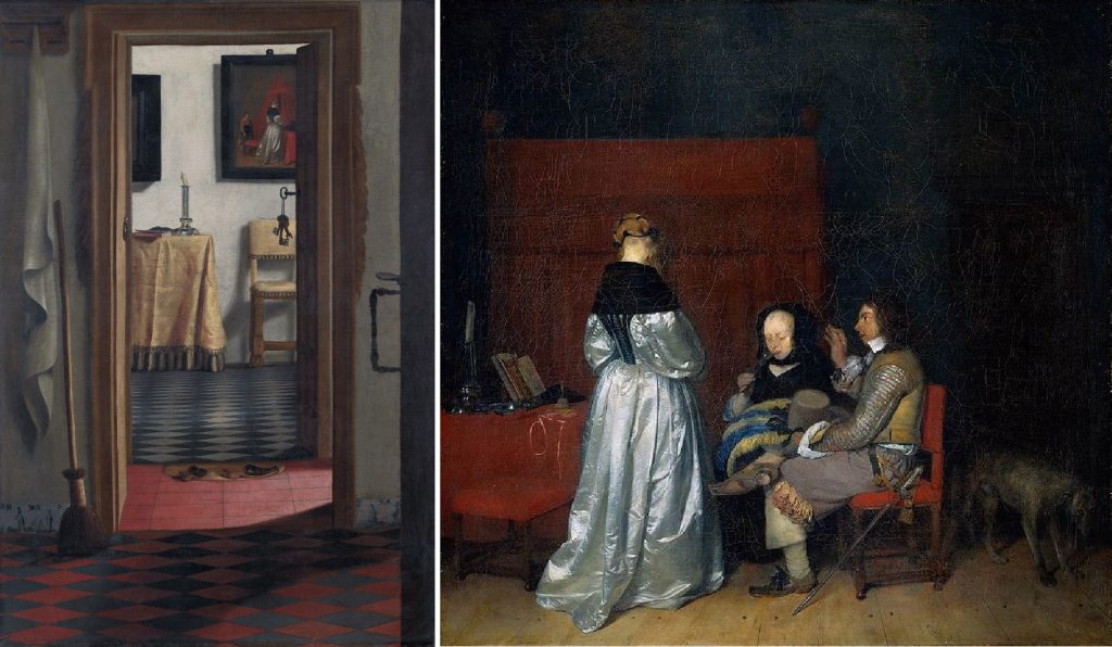 Paintings in paintings. Left: Samuel van Hoogstraten, View of an Interior or The Slippers, 1658, Musée de Louvre, Paris, France. Right: Gerard Ter Borch II, The Gallant Conversation, 1653, Rijksmuseum, Amsterdam, The Netherlands.