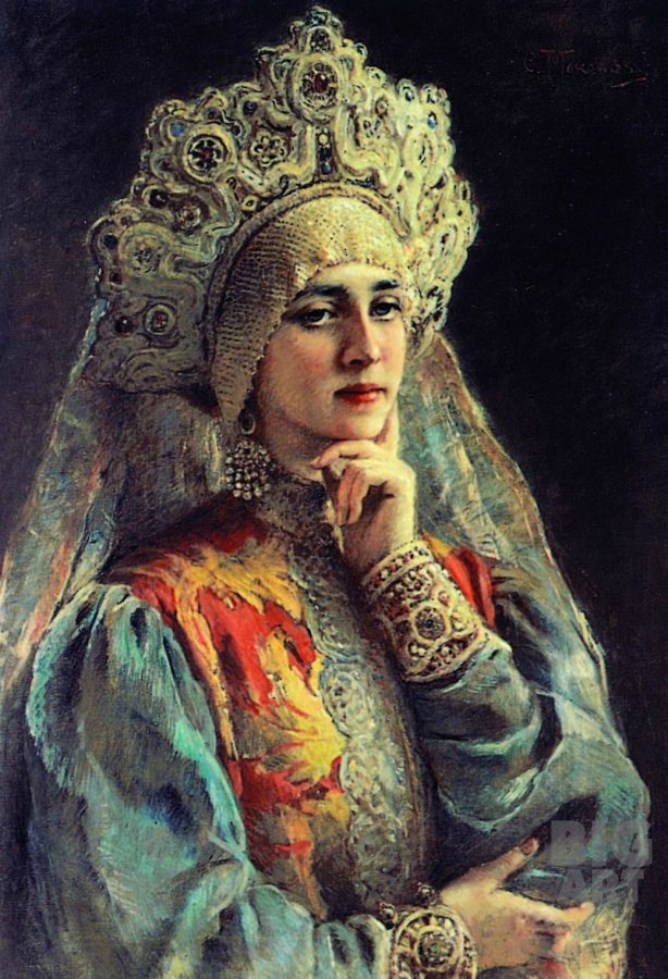 russian headdress: Konstantin Makovsky, Russian Beauty, 1902, private collection. Gallerix.
