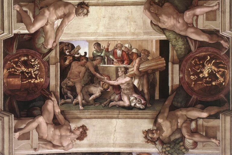 hot Renaissance boys: Michelangelo, Sacrifice of Noah, 1509, Sistine Chapel, Vatican. Wikimedia Commons (public domain). Detail.
