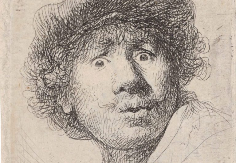 Rembrandt self-portraits: Rembrandt van Rijn, Self-portrait in a Cap, Wide-eyed and Open-mouthed, 1630, Rijksmuseum, Amsterdam, Netherlands. Detail.
