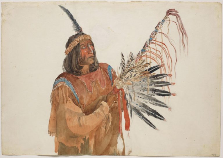 Karl Bodmer: Karl Bodmer, Hotokaneheh, Piegan Blackfoot Man, 1833, watercolor and graphite on paper, gift of the Enron Art Foundation, 1986, Joslyn Art Museum, Omaha, NE, USA. Detail.
