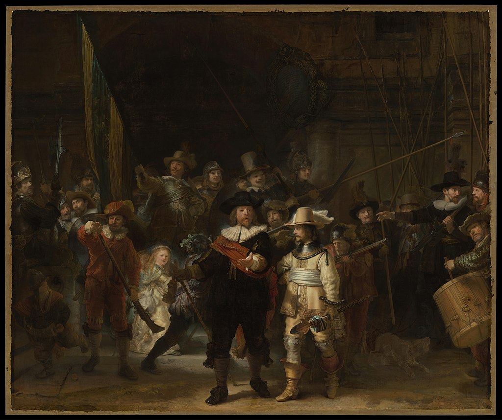 dutch golden age: Rembrandt van Rijn, The Night Watch, 1642, Amsterdam Museum, on permanent loan to the Rijksmuseum, Amsterdam, Netherlands.
