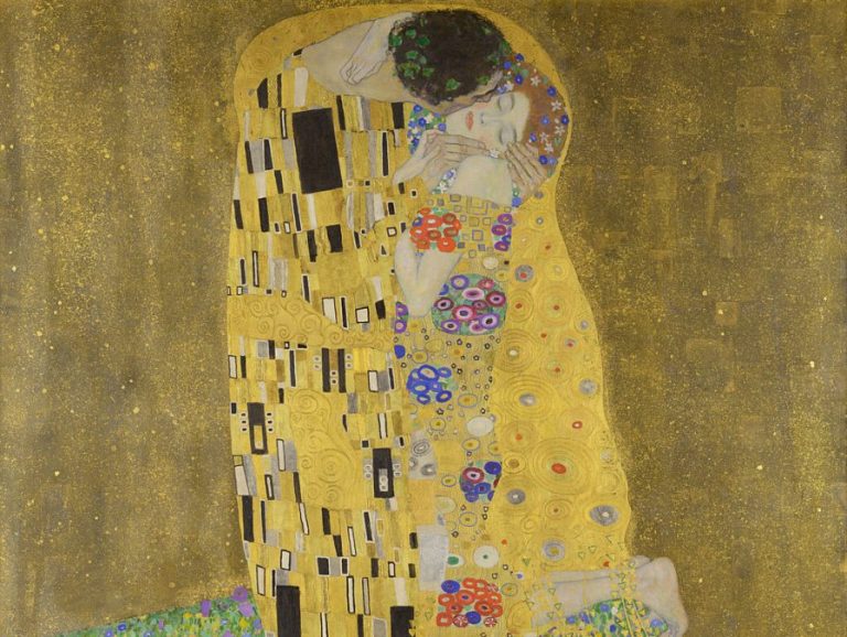 Gustav Klimt masterpieces: Gustav Klimt, The Kiss, 1907-1908, Belvedere, Vienna, Austria. Museum’s website. Detail.

