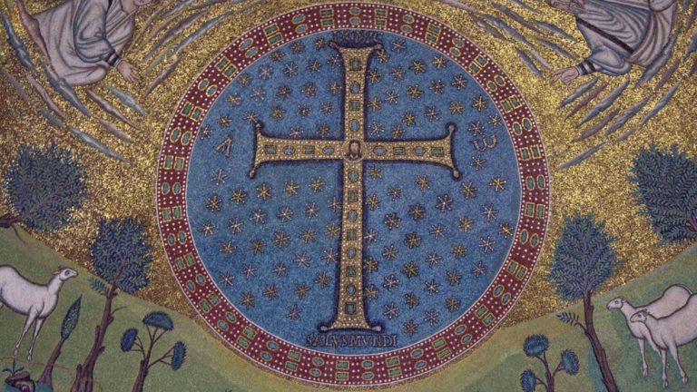 medieval mosaics: Mosaic in the apse of Sant’ Apollinare in Classe, 6th century CE, Ravenna, Italy. Wikimedia Commons. Detail.
