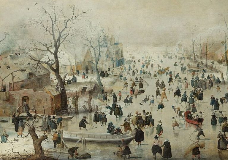 Ice Skaters in Painting: Hendrick Avercamp, Winter Landscape with ice skaters, 1608, Rijksmuseum, Amsterdam, Netherlands. Detail.
