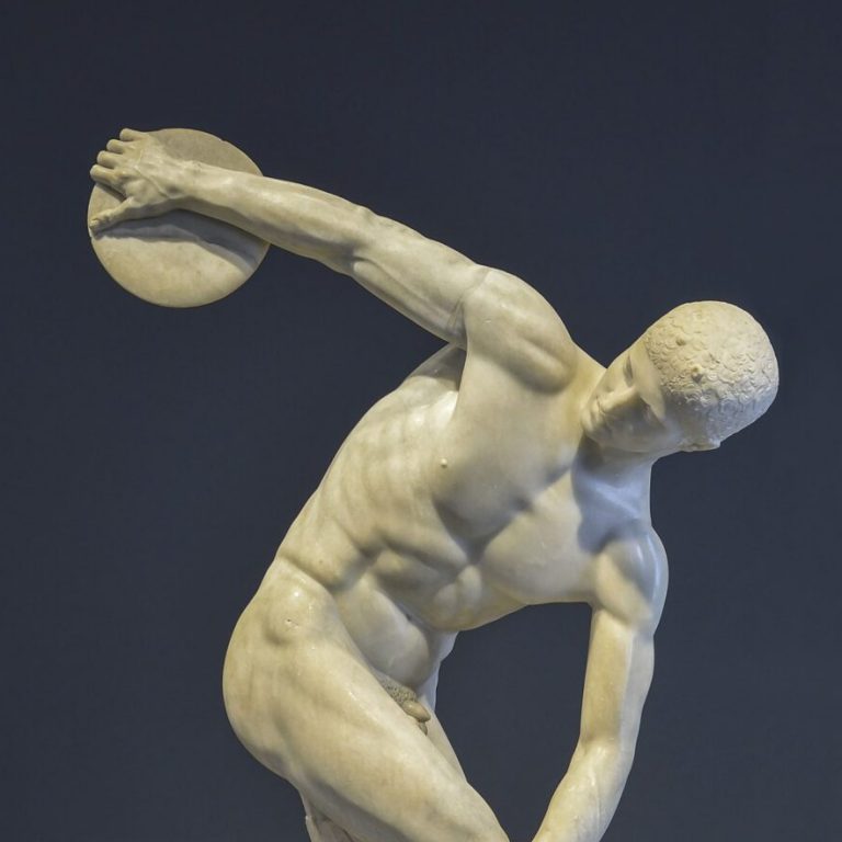 Greek Athletes art: Roman period version of the Discobolos of Myron, (original c.460 BCE), 1st century CE, National Roman Museum in Palazzo Massimo alle Terme, Rome, Italy. Detail.
