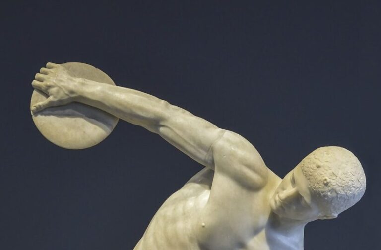 Greek Athletes art: Roman period version of the Discobolos of Myron, (original c.460 BCE), 1st century CE, National Roman Museum in Palazzo Massimo alle Terme, Rome, Italy. Detail.
