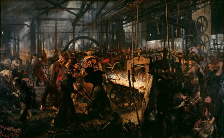 Menzel Iron Rolling Mill: Adolph Menzel, The Iron Rolling Mill (Modern Cyclopes), 1872-1875, Alte Nationalgalerie, Staatliche Museen, Berlin, Germany.
