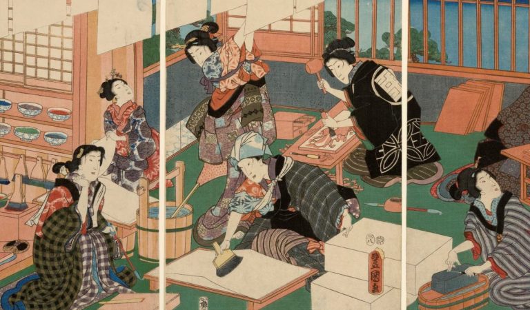 Japanese woodblock prints: Utagawa Kunisada, Woodblock print triptych showing the process of printmaking, 1857, British Museum, London, UK. Detail.
