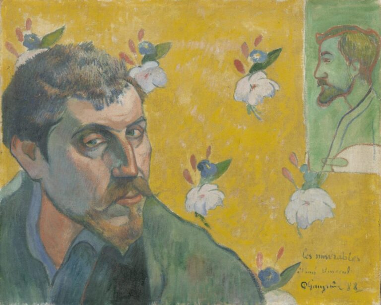 van gogh gauguin: Paul Gauguin, Self-Portrait Dedicated to Vincent van Gogh (Les Misérables), 1888, Van Gogh Museum, Amsterdam, Netherlands.
