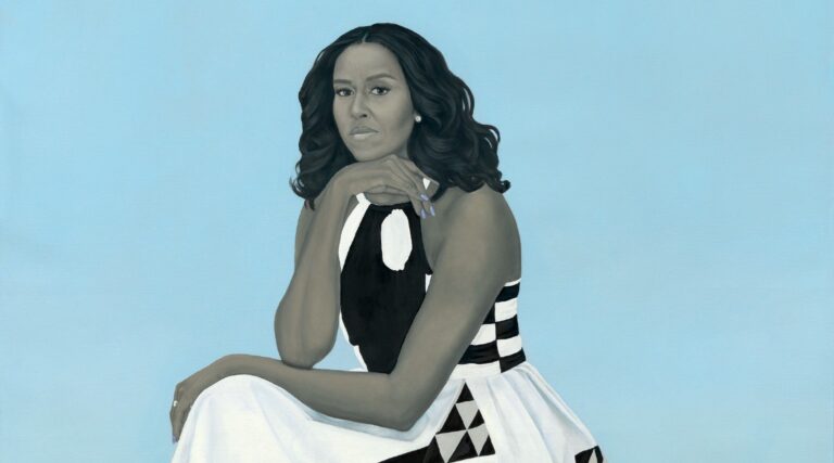 Black women in art: Amy Sherald, Portrait of Michelle Obama, 2018, National Portrait Gallery, Washington, DC, USA. Detail.
