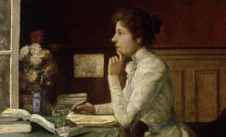 Abigail de Andrade: Abigail de Andrade, Woman at a desk, c. 1890. Guia des Artes. Detail.
