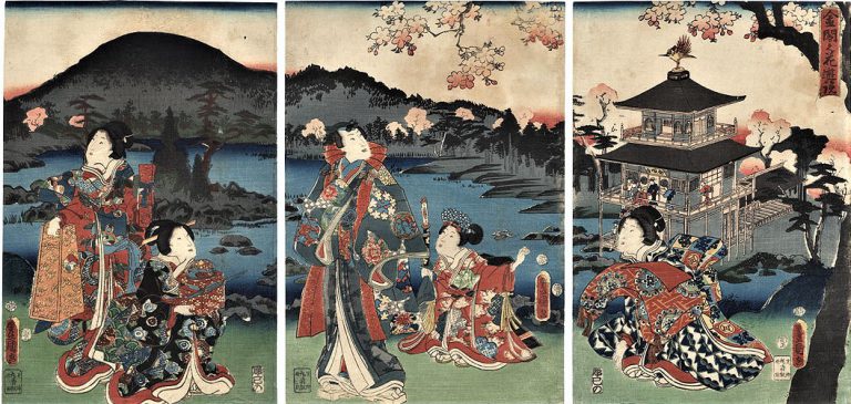 celebrities of the floating world ukiyo-e: Utagawa Toyokuni III, Flower Viewing at the Golden Pavilion, 1854, George Șerban Collection. Celebrities of the floating world.
