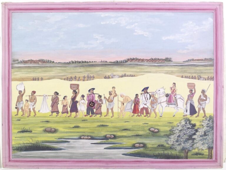 Company School: Refugee Men, Women and Children Fleeing from the Scene of War, gouache on paper, Made in Tanjore, ca. 1800, Courtesy Victoria and Albert Museum, London.
